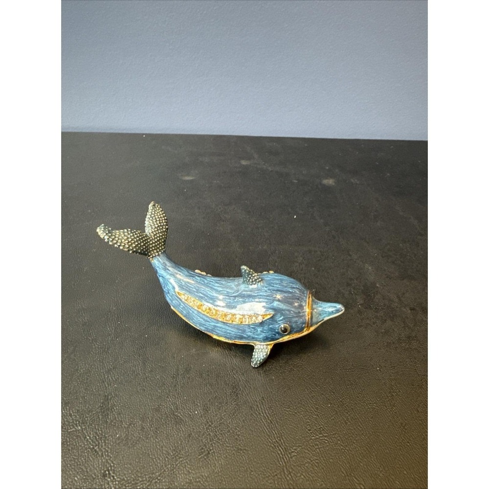 Enamel Trinket Box Blue Dolphin Porpoise Fish Rhinestones Ocean Beach‎ 3 1/2"